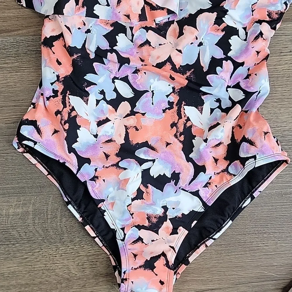 Time and Tru One-Piece Watercolor Splash Floral Swimsuit Womens Size L